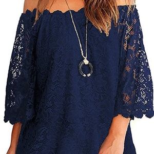 OURS Women's Casual Off Shoulder Lace Shift Loose Mini Dress with 3/4 Sleeve